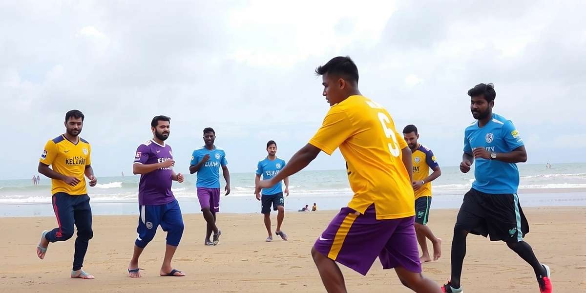 Kerala Blasters Pro - Street Football Mode Kerala Blasters Pro street football mode showing players in traditional Kerala attire playing on a beachside pitch in Fort Kochi