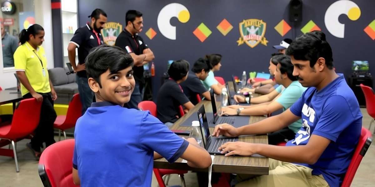 Kerala Blasters Pro - Community Tournament in Kochi Kerala Blasters Pro community event showing young players competing in a tournament at a local gaming cafe in Kochi with Kerala Blasters players in attendance