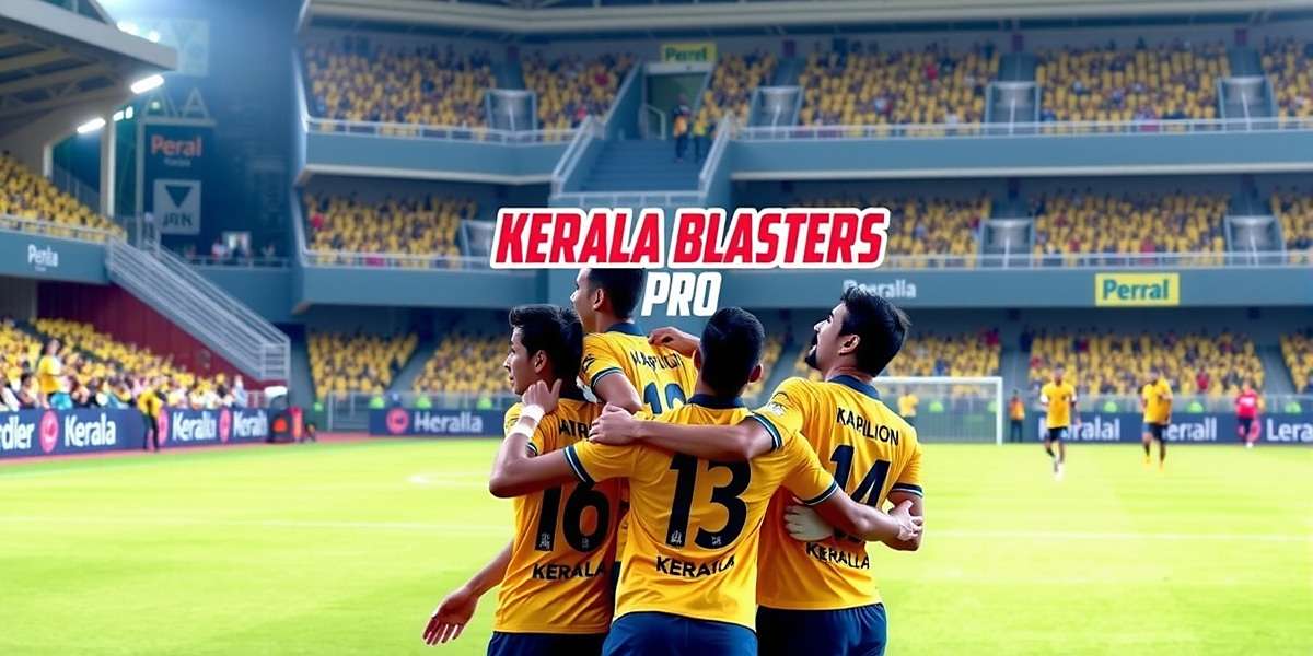 Kerala Blasters Pro - Official Game Cover 2023 Kerala Blasters Pro game cover featuring players in yellow jerseys celebrating a goal in front of a packed stadium with Kerala fans